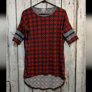 LuLaRoe‎ Irma XXS Hi-Lo Blouse Tee Shirt multicolor retro print euc Throwback